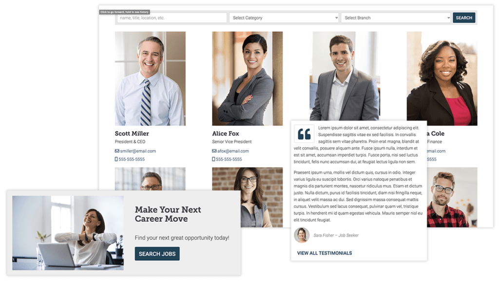 Haley Marketing Plugin Suite with CTA Example; Images of Sample Stock People and Testimonial Example