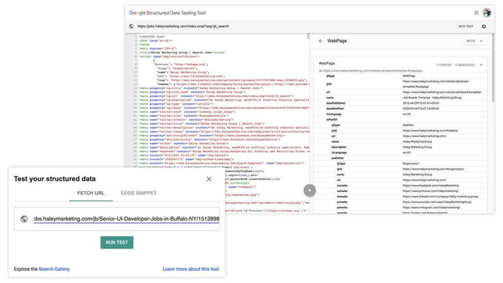Screenshot of Google Structured Data Tool - Lines of Code and Data